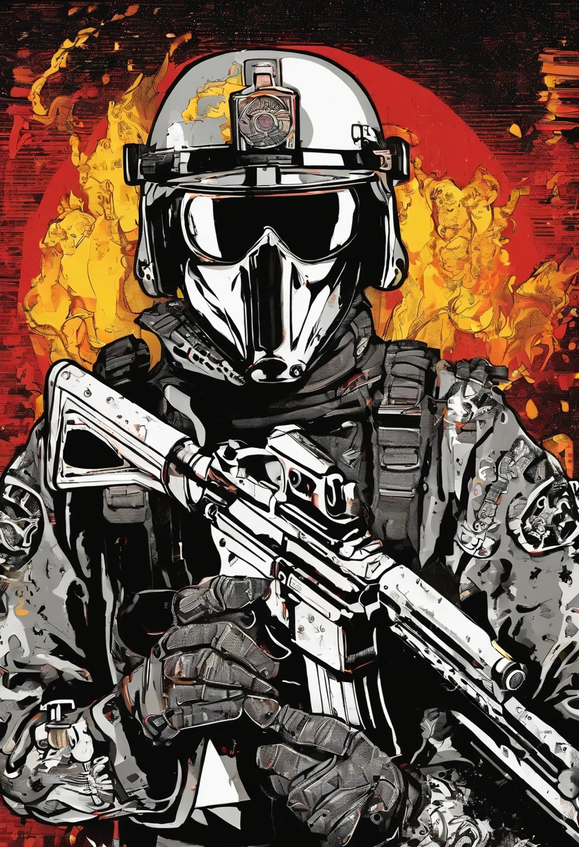 a man with a gun and fire in his mouth, full metal jacket, full metal overlay, metal album cover art, covered in full metal armor, metal album cover, heavy metal art style, metal garments, all-metal, official poster artwork, official artwork, metal skin, punk rock album cover art style, heavy metal artwork, detailed face, dramatic lighting, volumetric fog, cinematic composition, chiaroscuro lighting, gritty and grungy, highly detailed, hyper realistic, 8k, ultra-detailed