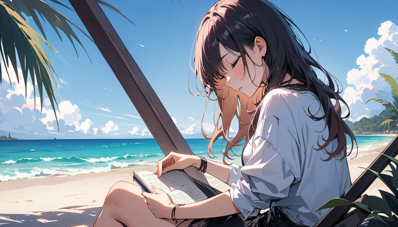 (masterpiece, Highest quality:1.2), 1 Girl, alone,Eyes open,I have a book,Tropical atmosphere,Ocean