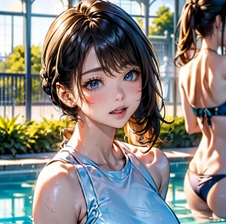 ((Highest quality、masterpiece、8K、Realistic、超High resolution、Very delicate and beautiful、High resolution、Cinema Lighting))、((Three Women:1.9))、((Mr.々Swimsuit:1.6、Each has their own unique hairstyle:1.4))、They all laugh happily、We have a good time together。In the background there is a clear blue sky and green trees々is spreading々i can see、The pool is filled with refreshing blue water.。