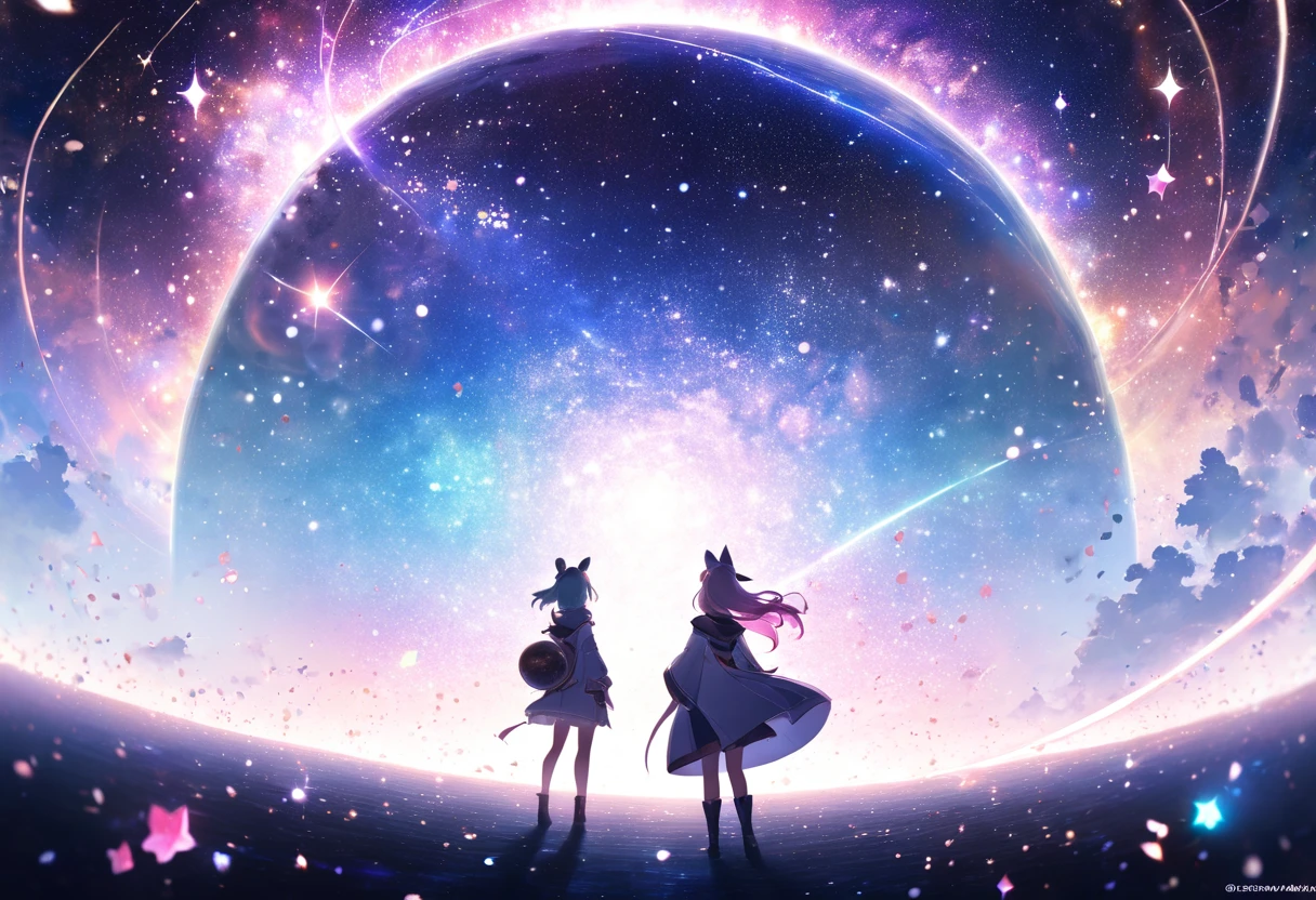 (((zoom out))),8k,((Highest quality)),((high-res)),((shot from behind)),universe,She stands front of a magical world ,pastel theme,thank you!