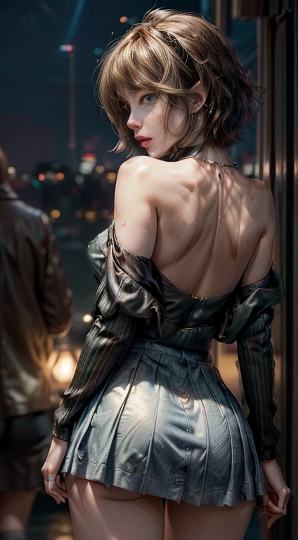 8k, Masterpiece, raw photo, (best quality, detail:1.3),Photorealistic, extremely detailed CG unity 8k wallpaper, professional photography, ((Hyperrealism:1.2)), (Focus sharpness:1.2), depth of field, cinematic light, lens flare, ray tracing, (1 20 year old, phenomenal model, extremely beautiful face, beautiful lips, pretty eyes), intricate detail face, ((ultra detailed skin)), 1 girl, in the dark , deep shadow, Pretty girl, with a perfect body, (perfect proportions, narrow waist, beautiful butt), (bare back, (((anatomically correct))), skin with precise texture, (very slim slender fit-muscled body: 1.18), ((looking at viewer)), big smile, (tight mini dress), (off shoulders), (city at night, (neon lights), (night), earrings, bracelets, necklace, pantyhose, brown hair , short hair, big eyes, blue eyes, the young woman has her back to the camera, waiting, Focused on her back, the young woman turns her torso and looks behind, ((view from the thighs to the upper part of the body)), tight dress, silk dress, dress with laces, (transparent red miniskirt dress, lencerie), the young woman turns her head back viewing the viewer, Back shot, very thin, slander, twin blonde pierces the hair, the miniskirt is translucent red, miniskirt ultra tight, the miniskirt is extremely short, the miniskirt shows the white panties,