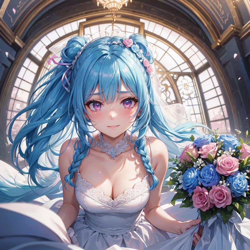 Sky blue hair, (Braided Ponytail),(Pink Eyes),Fair skin ,(whole body),(One girl),bride,A happy smile,Eyes shining with tears,Straight bangs, 6月のbride,Wedding dress,(masterpiece, Highest quality, Very detailed, Best Shadow), (Detailed Background), (Beautifully detailed face), High Contrast, (Best lighting, Very delicate and beautiful), ((Cinematic Light)), colorful, Hyper Detail, Dramatic Light, Intricate details,Chapel,Big bouquet of roses