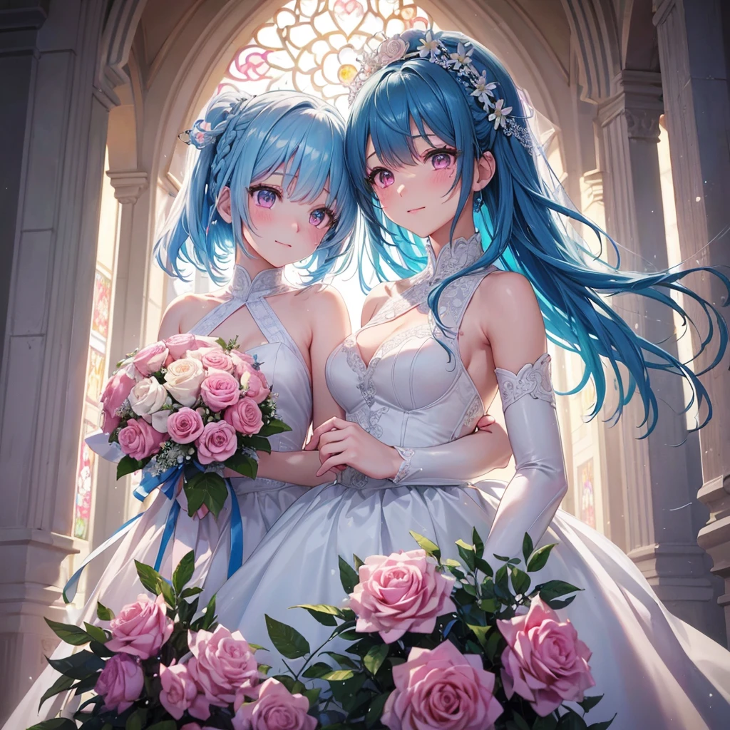Sky blue hair, (Braided Ponytail),(Pink Eyes),Fair skin ,(whole body),(One girl),bride,A happy smile,Eyes shining with tears,Straight bangs, 6月のbride,Wedding dress,(masterpiece, Highest quality, Very detailed, Best Shadow), (Detailed Background), (Beautifully detailed face), High Contrast, (Best lighting, Very delicate and beautiful), ((Cinematic Light)), colorful, Hyper Detail, Dramatic Light, Intricate details,Chapel,Big bouquet of roses