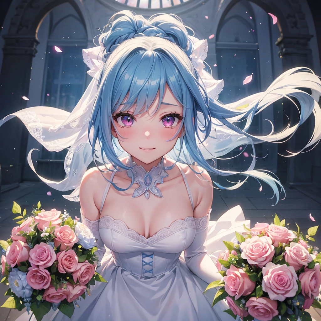 Sky blue hair, (Braided Ponytail),(Pink Eyes),Fair skin ,(whole body),(One girl),bride,A happy smile,Eyes shining with tears,Straight bangs, 6月のbride,Wedding dress,(masterpiece, Highest quality, Very detailed, Best Shadow), (Detailed Background), (Beautifully detailed face), High Contrast, (Best lighting, Very delicate and beautiful), ((Cinematic Light)), colorful, Hyper Detail, Dramatic Light, Intricate details,Chapel,Big bouquet of roses