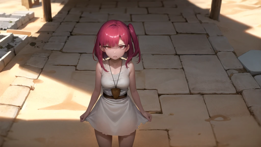 masterpiece, Highest quality, One girl, Morgiana Slave, Cowboy Shot, Torn Dress, dirty, Red eyes, One side up, Redhead, chain, sand漠の遺跡, sand漠の背景, sand, Disgust, View your viewers, View from below