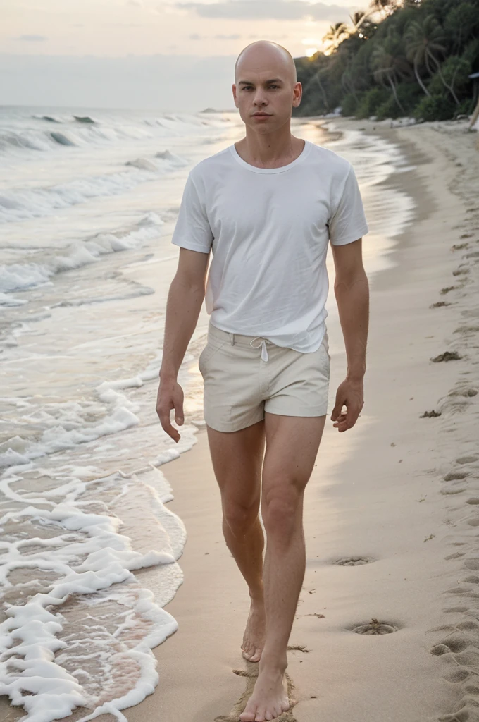 naughty man, offwhite, 30years, Scrawny, baldie, without hair, walking on the beach, sunset, against light, barefoot, in white shorts, shirt blue