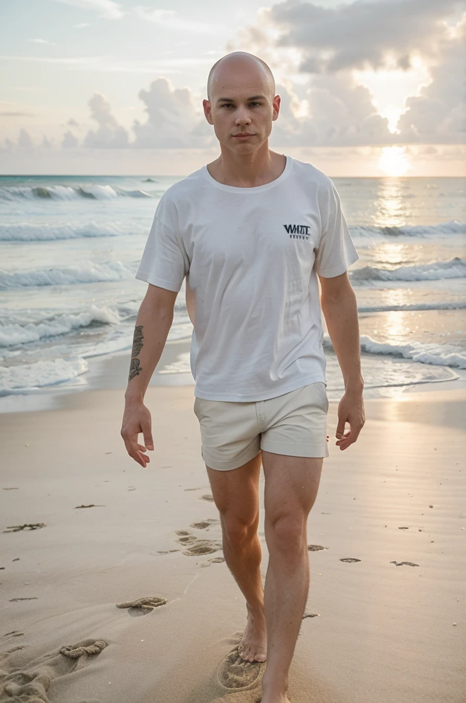 naughty man, offwhite, 30years, Scrawny, baldie, without hair, walking on the beach, sunset, against light, barefoot, in white shorts, shirt blue
