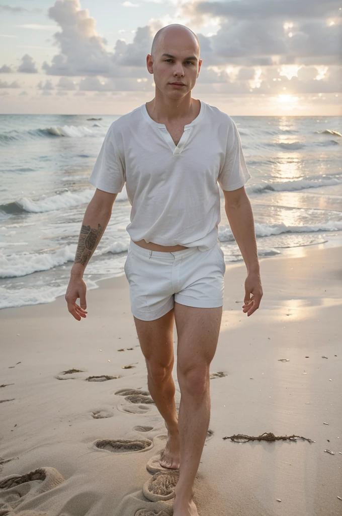 naughty man, offwhite, 30years, Scrawny, baldie, without hair, walking on the beach, sunset, against light, barefoot, in white shorts, shirt blue