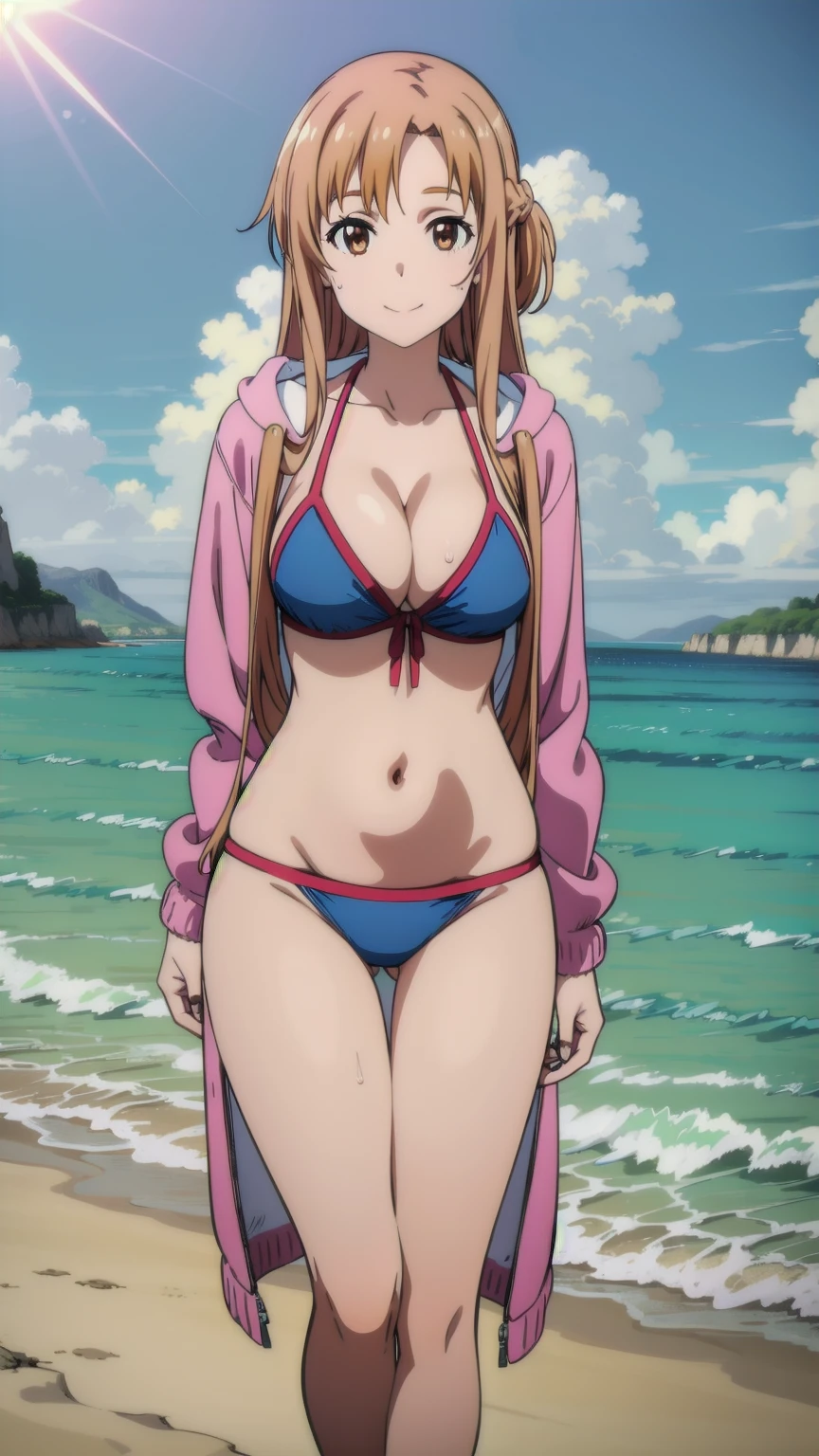 tall body, tall, long legs, mature female, mature, 
 ,Eft_sao_asuna, 1girl, asuna (sao), solo, long hair, smile, brown hair, collarbone, anime coloring, braid, Smiling, looking at the viewer, blue theme, blue background, cloudy sky, sunlight, sweat, orgasmic, Open zip hoodie ,bikini swimsuit, large breasts, cleavage, belly button exposed, collarbone, thighs, sea and beach,