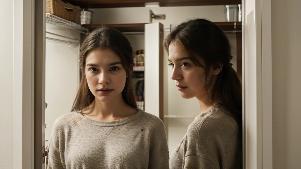 Begin with a drawing of individual standing in front of an open closet, looking introspective and determined. Include details like their facial expression and body to convey their emotional state.
