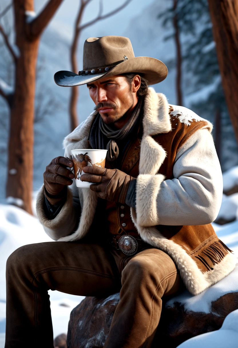 a portrait of the wild west era cowboy, jungle snow winter, holding a hot-drinking cup, sitting on a rock, covering body with animal skin, thirty degrees side view, breathing, epic realism, extremely detailed, 8k