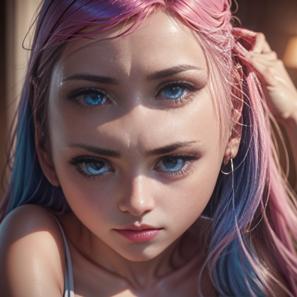 beautiful detailed woman,cleavage,pink and blue hair,large eyes,extremely detailed eyes,perfect face,seductive,vivid colors,detailed skin,(best quality,4k,8k,highres,masterpiece:1.2),ultra-detailed,(realistic,photorealistic,photo-realistic:1.37),photoportrait,colorful eyes