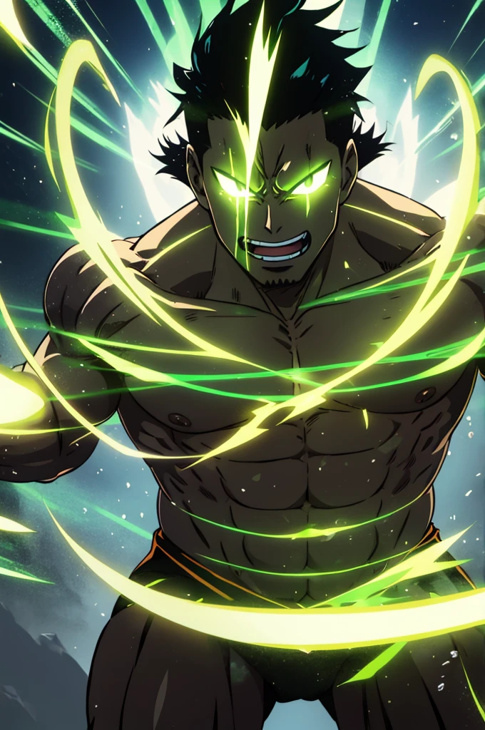 a strong guy, shirtless, muscular, shining green aura, black hair, excited