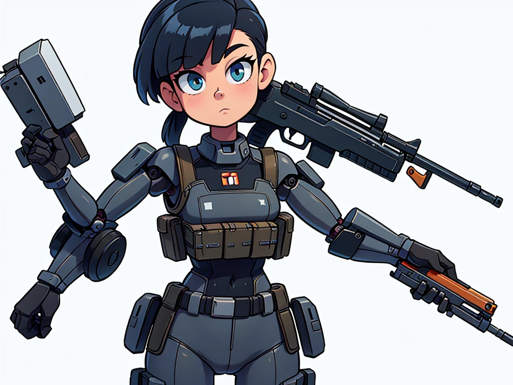 Image of a military-style robot holding a shotgun against a white background
