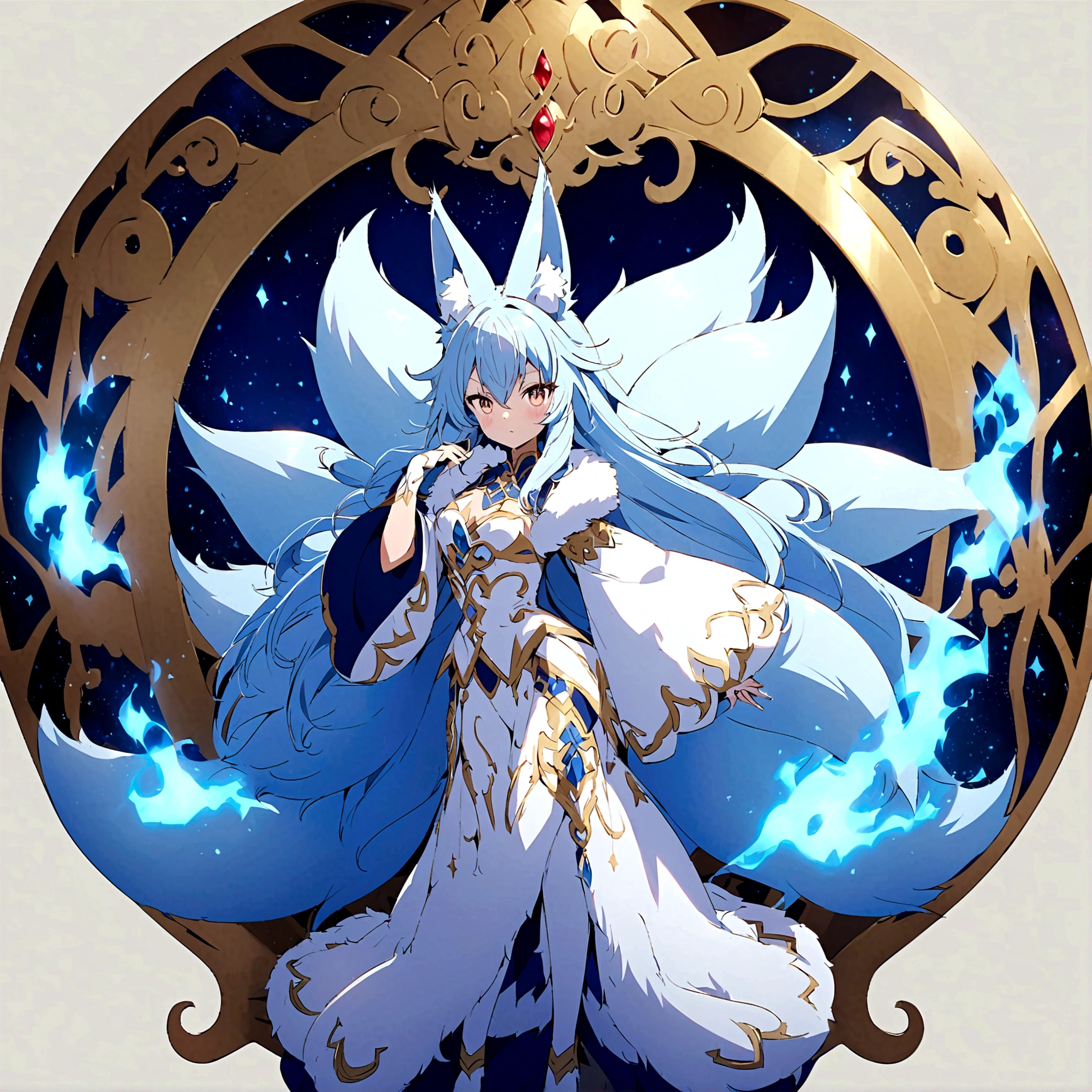 fox Light blue hair 　beast girl　indigo fur　fox beast girl　Anime Style　fox　blue　White-faced golden-haired nine-tailed fox　Coat blue　　　mysterious background　Blue Flame　girl　have a ball of light　fox Light blue hair 　beast girl　indigo fur　fox beast girl