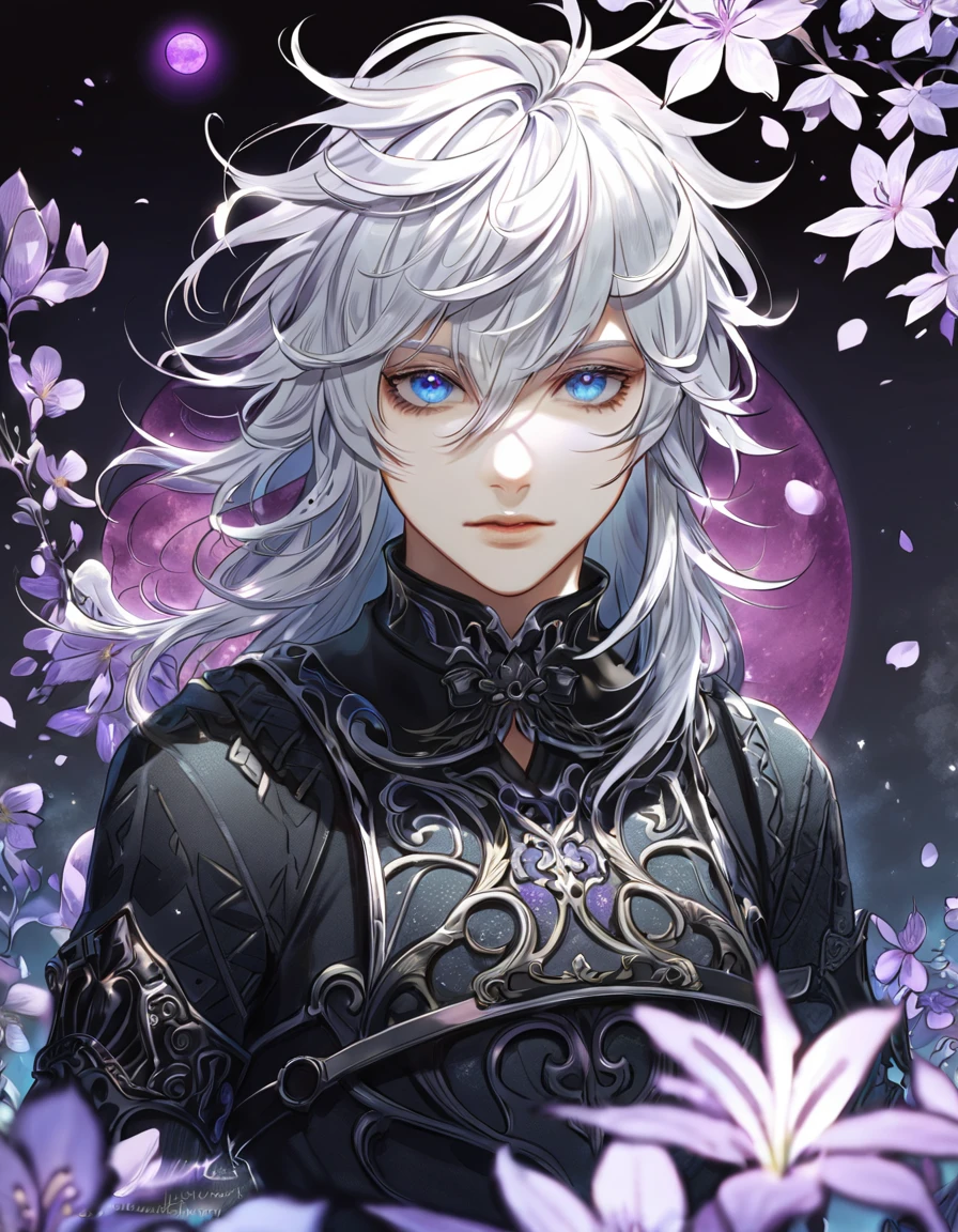 absurdres, highres, ultra detailed, HDR, master piece, best quality, Nier, white hair, medium hair, messy hair, expressive blue eyes, Nier Replicant, solo, sexy man, handsome, black clothes, silver gloves, fantasy, purple moon, purple flowers, purple blossoms, purple petals, fireflies