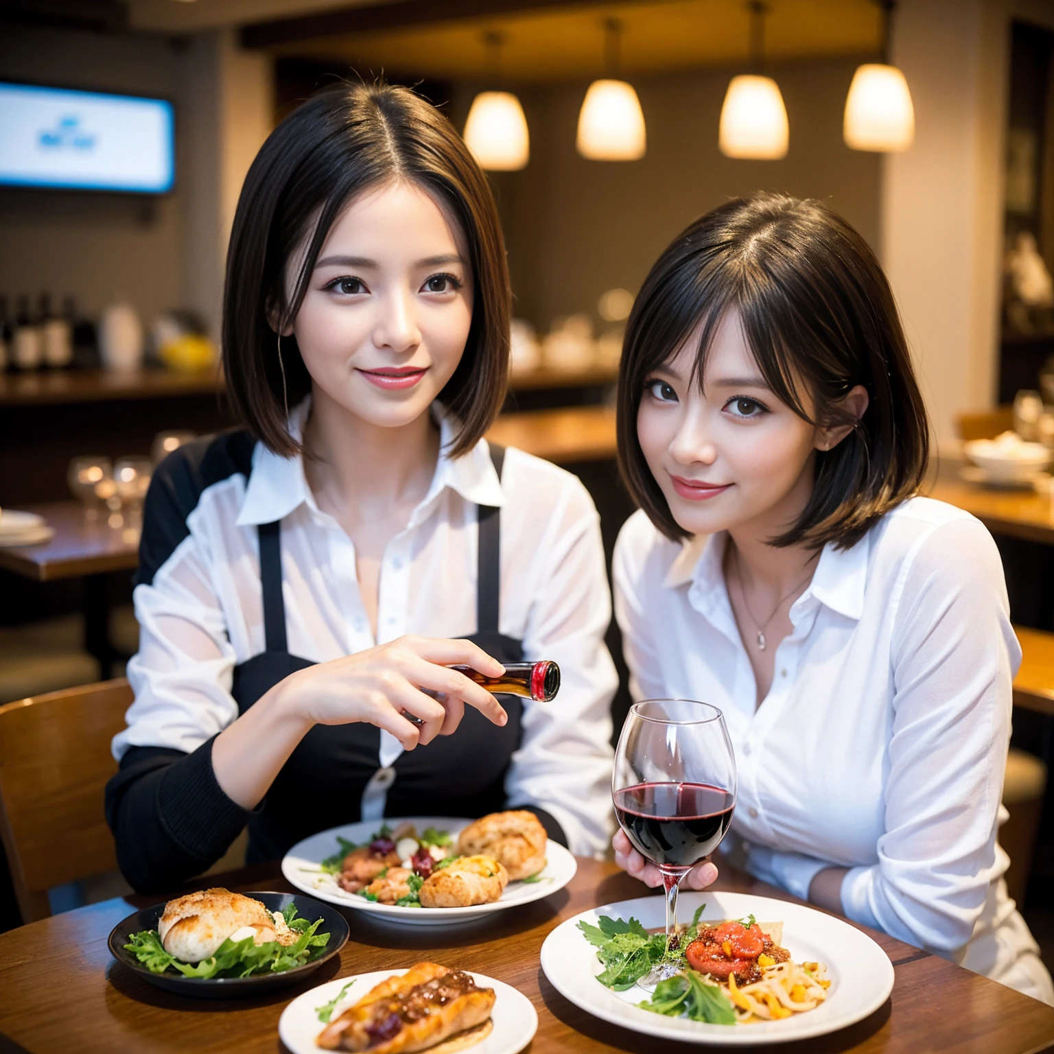 ((Highest quality、8K、masterpiece:1.3))、1 male、1 female、spouse、Beautiful couple、Japanese couple、smile、 (Slim face), (the body is スリム), (Brown Hair), (Shortcuts), ((Bob Hale、Straight hair:1.2)), テーブルの上のwine glass、Please shine a light on my face、 Amazing view of the sunset sky and clouds、Amazing mountain views、smileの美しさ、Bright image、Blushing, Shortcuts,Bright Face、 years old), 39 years old, red wine 、Appetizers、Italian food、Wine bottle、Champagne、sparkling wine、Long sleeve shirt、dress、Attractive beauty、restaurant, Nova Frog Style, actress, model, Upper Body, White wine, red wine, wine glass,