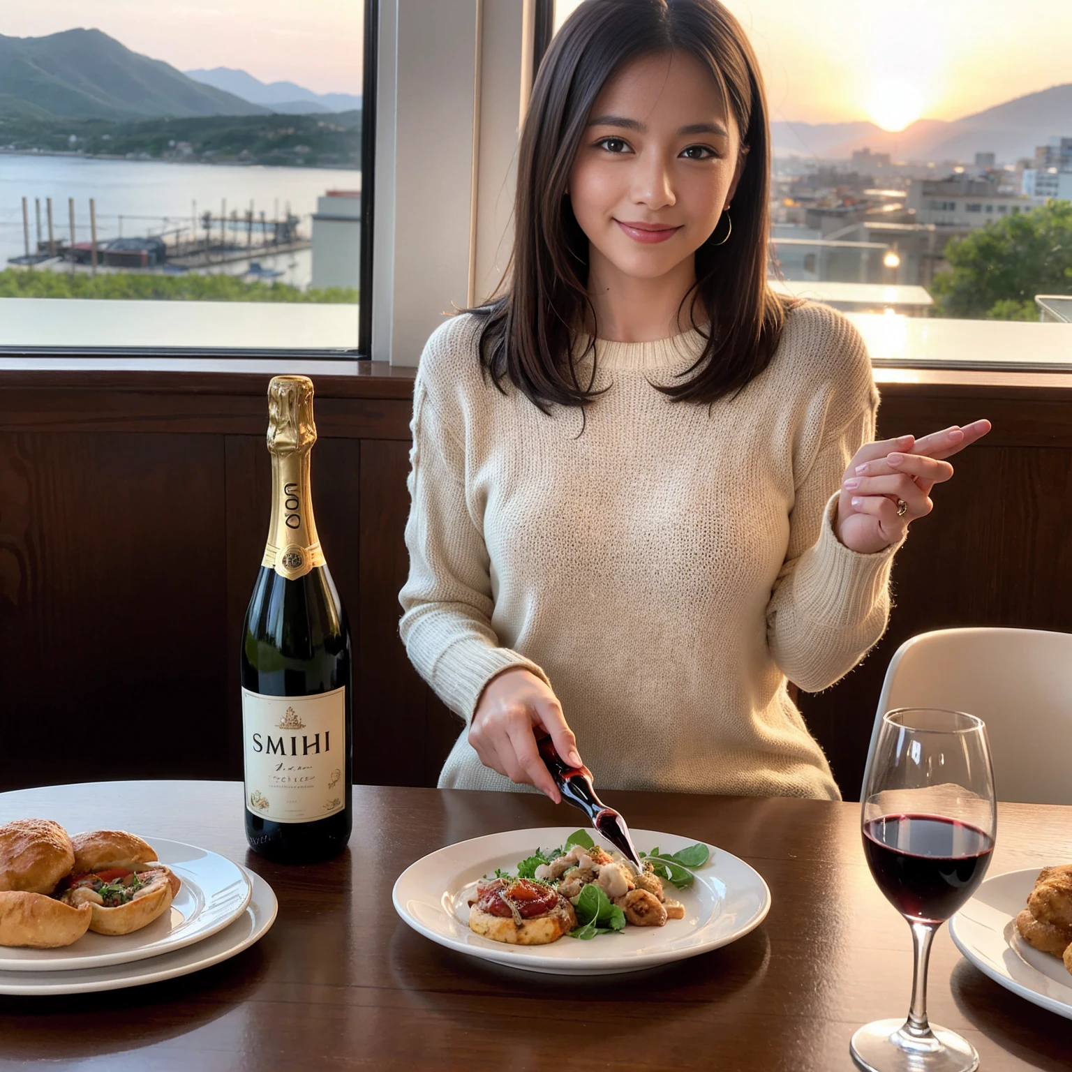 ((Highest quality、8K、masterpiece:1.3))、1 male、1 female、spouse、Beautiful couple、Japanese couple、smile、 (Slim face), (the body is スリム), (Brown Hair), (Shortcuts), ((Bob Hale、Straight hair:1.2)), テーブルの上のwine glass、Please shine a light on my face、 Amazing view of the sunset sky and clouds、Amazing mountain views、smileの美しさ、Bright image、Blushing, Shortcuts,Bright Face、 years old), 39 years old, red wine 、Appetizers、Italian food、Wine bottle、Champagne、sparkling wine、Long sleeve shirt、dress、Attractive beauty、restaurant, Nova Frog Style, actress, model, Upper Body, White wine, red wine, wine glass,