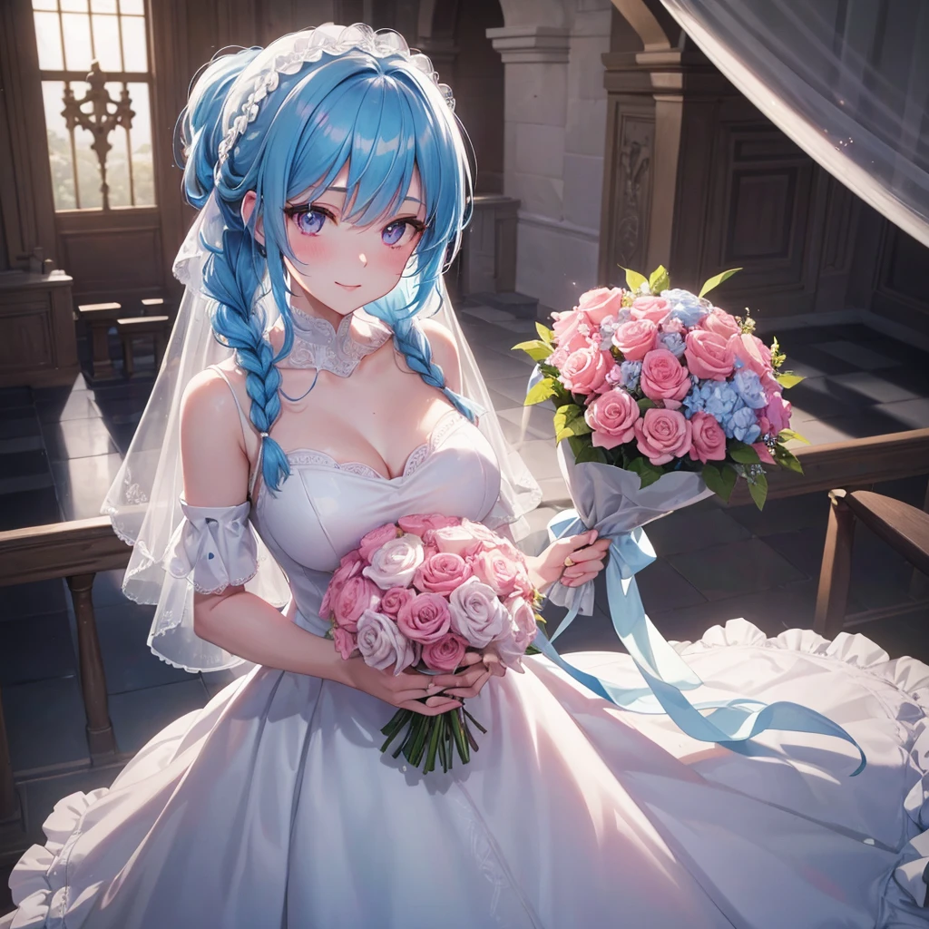 Sky blue hair, (Braided Ponytail),(Pink Eyes),Fair skin ,(whole body),(One girl),bride,A big smile,Straight bangs, 6月のbride,Wedding dress,(masterpiece, Highest quality, Very detailed, Best Shadow), (Detailed Background), (Beautifully detailed face), High Contrast, (Best lighting, Very delicate and beautiful), ((Cinematic Light)), colorful, Hyper Detail, Dramatic Light, Intricate details,Chapel,Big bouquet of roses