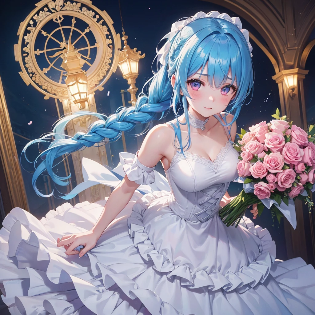 Sky blue hair, (Braided Ponytail),(Pink Eyes),Fair skin ,(whole body),(One girl),bride,A big smile,Straight bangs, 6月のbride,Wedding dress,(masterpiece, Highest quality, Very detailed, Best Shadow), (Detailed Background), (Beautifully detailed face), High Contrast, (Best lighting, Very delicate and beautiful), ((Cinematic Light)), colorful, Hyper Detail, Dramatic Light, Intricate details,Chapel,Big bouquet of roses