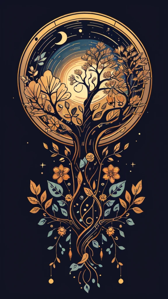 circular tree,four seasons,spring,summer,autumn,winter,leaves,roots,branches,trunk,ornate border,decorative,digital illustration,artwork,movement,time,swirling background,dark background,vibrant colors,natural,life cycle,growth,change,nature,life,peace,harmony,spirituality,symbolism,digital art,illustration,painting,graphic design,art,design,digital media,online art,visual art,fine art,fantasy