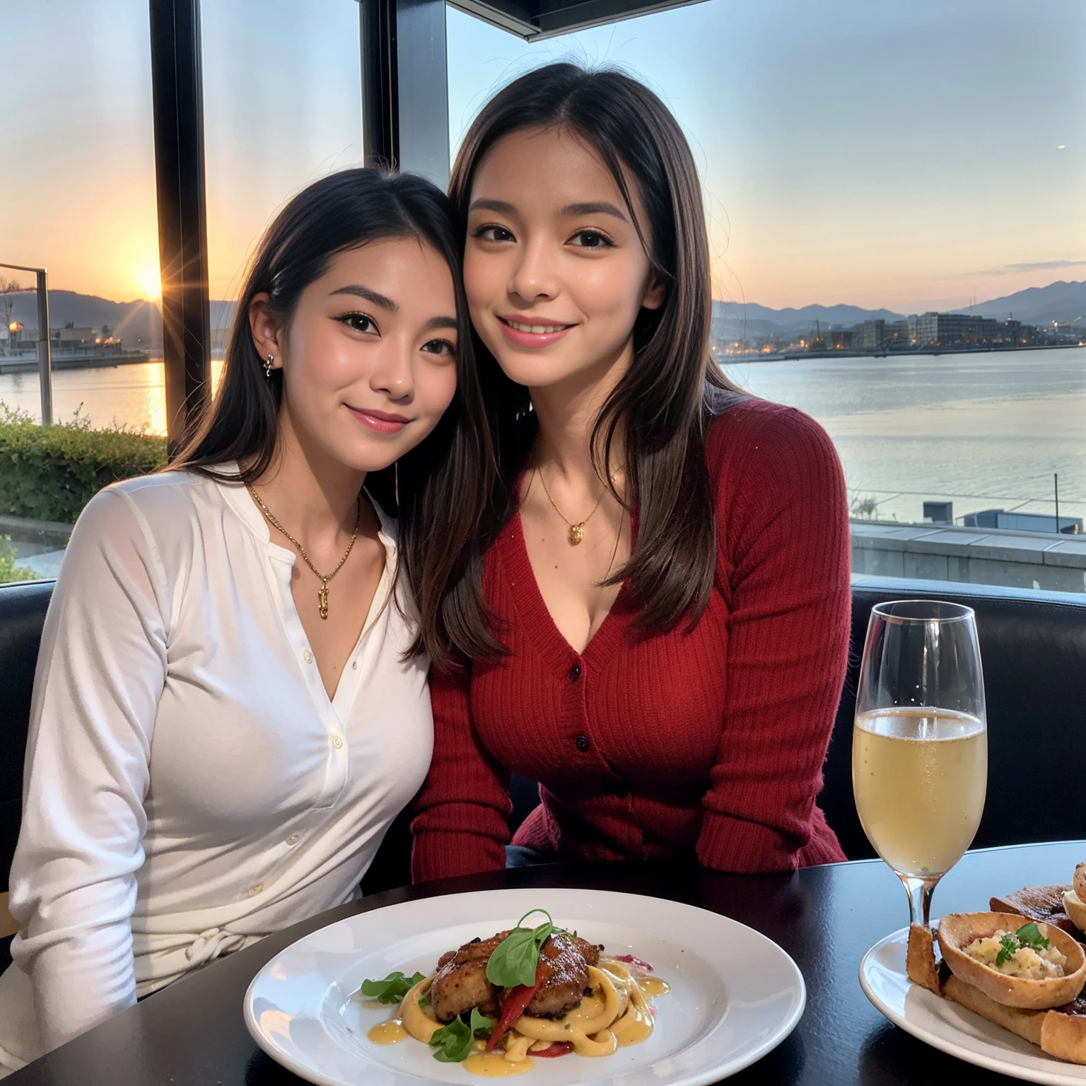 ((Highest quality、、masterpiece:1.3))、1 male、1 female、spouse、Beautiful couple、Japanese couple、smile、 (Slim face), (the body is スリム), (Brown Hair), (Shortcuts), ((Bob Hale、Straight hair:1.2)), テーブルの上のwine glass、Please shine a light on my face、 Amazing view of the sunset sky and clouds、Amazing mountain views、smileの美しさ、Bright image、Blushing, Shortcuts,Bright Face、 age), 39 age, red wine 、Appetizers、Italian food、Wine bottle、Champagne、sparkling wine、Long sleeve shirt、dress、Attractive beauty、restaurant, Nova Frog Style, actress, model, Upper Body, White wine, red wine, wine glass, 