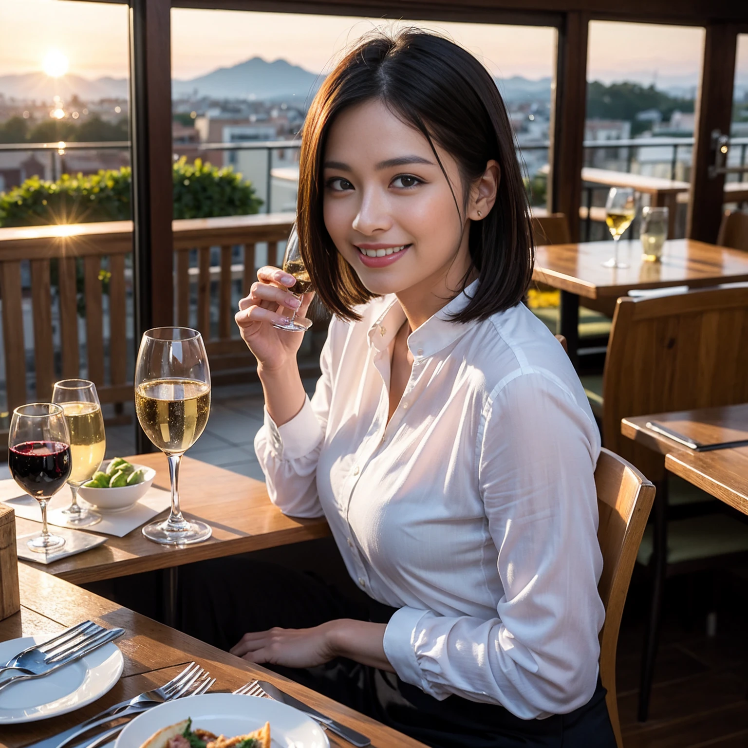 ((Highest quality、、masterpiece:1.3))、1 male、1 female、spouse、Beautiful couple、Japanese couple、smile、 (Slim face), (the body is スリム), (Brown Hair), (Shortcuts), ((Bob Hale、Straight hair:1.2)), テーブルの上のwine glass、Please shine a light on my face、 Amazing view of the sunset sky and clouds、Amazing mountain views、smileの美しさ、Bright image、Blushing, Shortcuts,Bright Face、 age), 39 age, red wine 、Appetizers、Italian food、Wine bottle、Champagne、sparkling wine、Long sleeve shirt、dress、Attractive beauty、restaurant, Nova Frog Style, actress, model, Upper Body, White wine, red wine, wine glass,