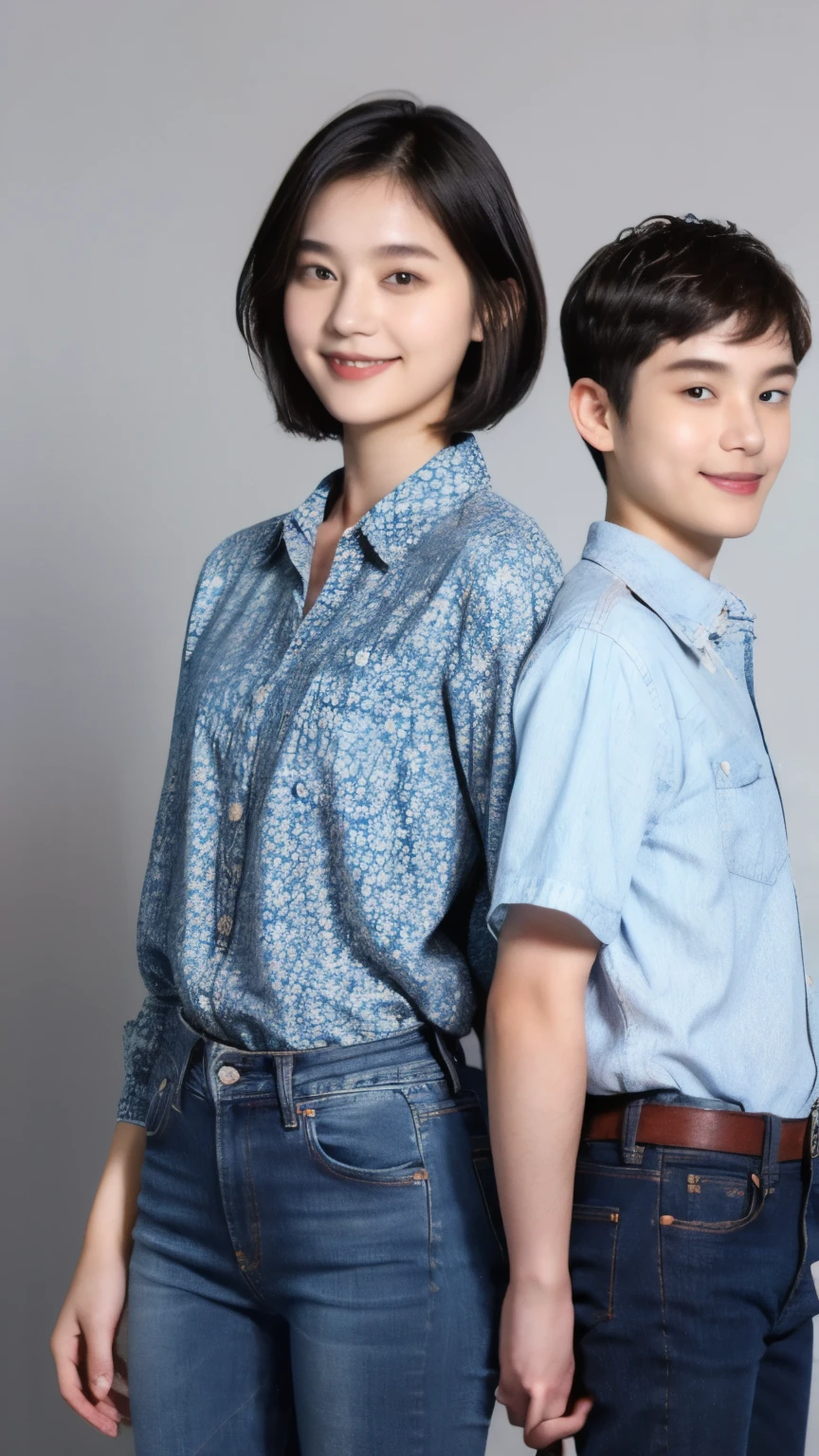 251 (18 year old female and 18 year old male), (short hair),kind, lipstick, (jeans), (FloralTshirt), smile