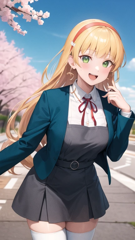 masterpiece, best quality, highres, sumire1,1girl, hairband, long hair, 1girl, solo, white thighhighs, , red ribbon, neck ribbon, grey dress, blue jacket, open jacket, blunt bangs, pinafore dress, white shirt, long sleeves, collared shirt, medium breasts, standing, cowboy shot, smile, open mouth, leaning forward, outdoors, cherry blossoms,
