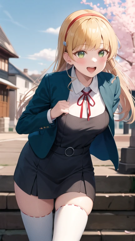 masterpiece, best quality, highres, sumire1,1girl, hairband, long hair, 1girl, solo, white thighhighs, , red ribbon, neck ribbon, grey dress, blue jacket, open jacket, blunt bangs, pinafore dress, white shirt, long sleeves, collared shirt, medium breasts, standing, cowboy shot, smile, open mouth, leaning forward, outdoors, cherry blossoms,