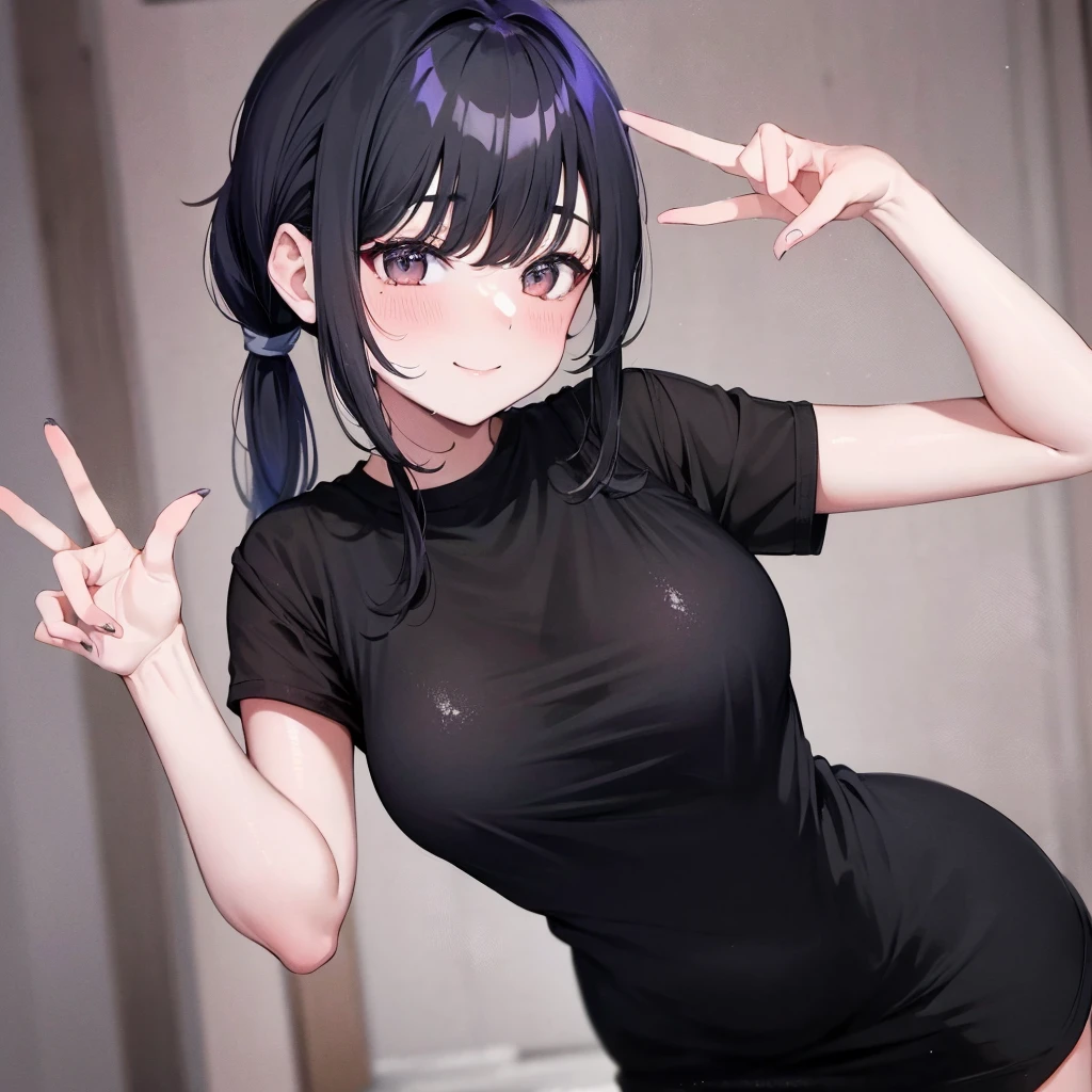 Long black hair in a ponytail、A 40-year-old married woman with her bangs cut,Alone at night、. She looks straight at the viewer with a big smile.、shine, Sweaty skin. She is making a peace sign with her hand、I have a nice bowl-shaped chest、Graceful operation、Random pose