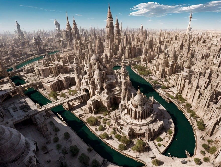 In the heart of the desert, ancient whispers echo through the gleaming spires of a white city that defies time. The city is filled with beautiful intricate and interconnected canals and a lush vegetation, aerial view.