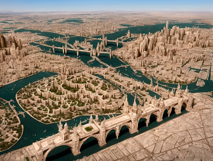 In the heart of the desert, ancient whispers echo through the gleaming spires of a white city that defies time. The city is filled with beautiful intricate and interconnected canals and a lush vegetation, aerial view.