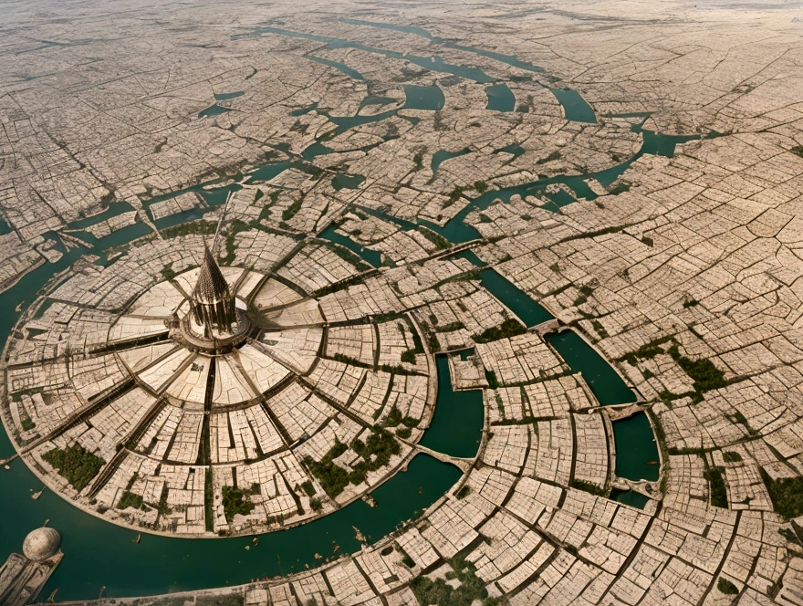 In the heart of the desert, ancient whispers echo through the gleaming spires of a white city that defies time. The city is filled with beautiful intricate and interconnected canals and a lush vegetation, aerial view.