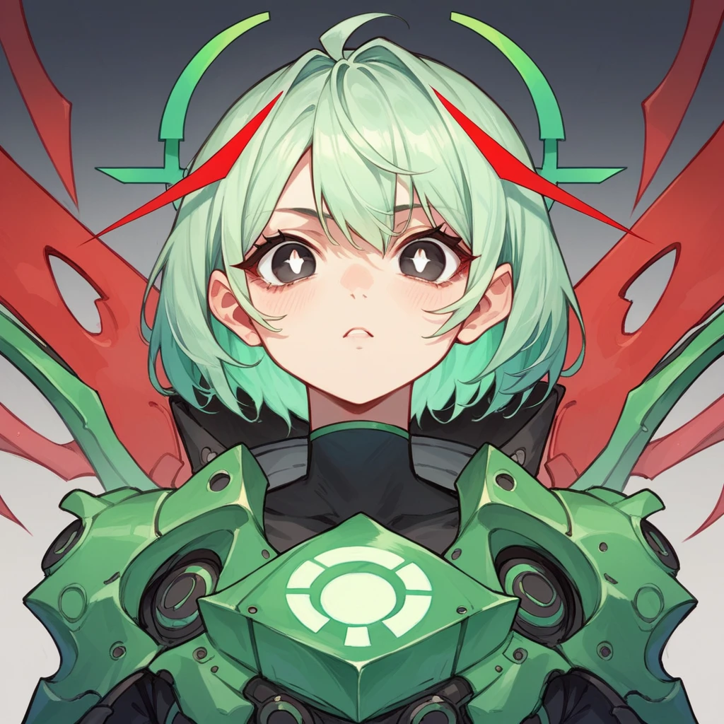 1girl, light skin, short green tousled hair with a red streak, black eyes, white pupils, black and green technological suit, expression, dark circles, anime style, digital art.