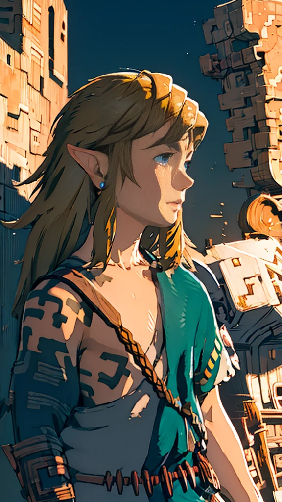 botw、profile、Link、Upper Body、look up、Plainale、Blue Costume、Masterpiece、Highest quality、male、Flowing Hair、shout
