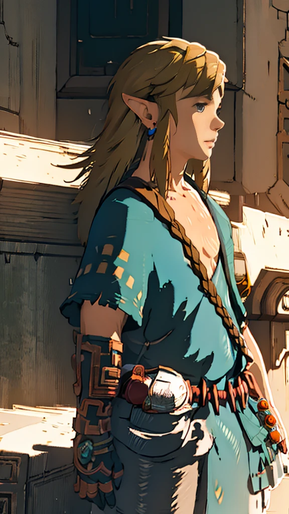 botw、profile、Link、Upper Body、look up、Plainale、Blue Costume、Masterpiece、Highest quality、male、Flowing Hair、shout