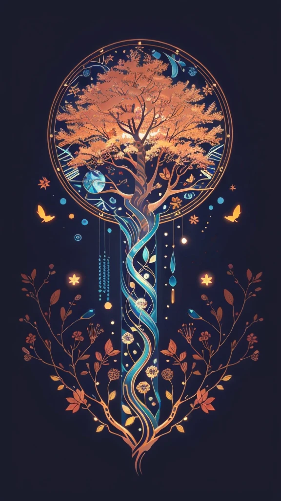 circular tree,four seasons,spring,summer,autumn,winter,leaves,roots,branches,trunk,ornate border,decorative,digital illustration,artwork,movement,time,swirling background,dark background,vibrant colors,natural,life cycle,growth,change,nature,life,peace,harmony,spirituality,symbolism,digital art,illustration,painting,graphic design,art,design,digital media,online art,visual art,fine art,fantasy