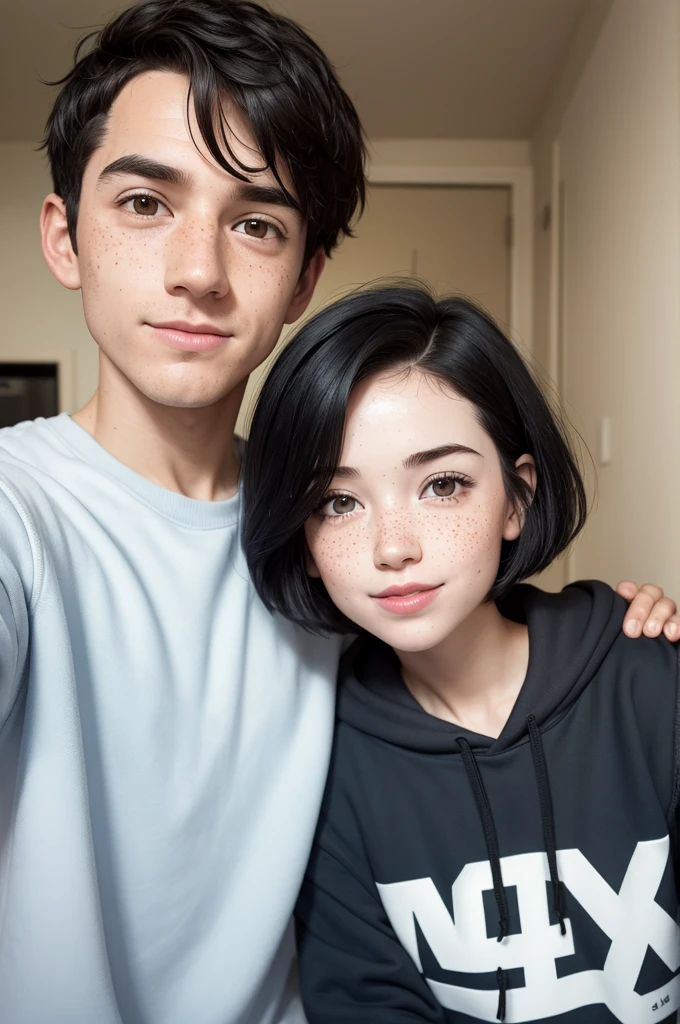 I want a photo of a pixar couple. One with short black hair and freckles, on white skin e um menino com cabelo cacheado volumoso loiro, with freckles and sweatshirt, on white skin 