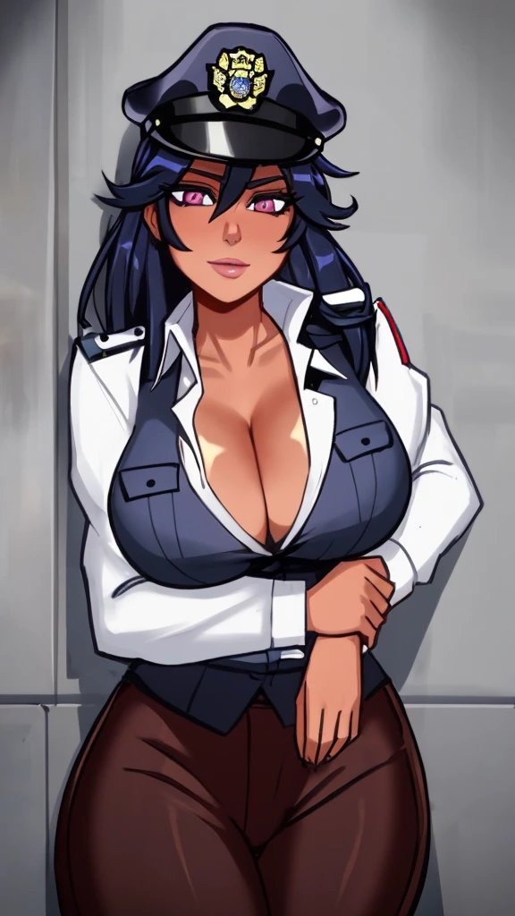 A photo of a busty female police, police hat, in a slum, seductive pose, cleavage:1.2, unbuttoned shirt, (detailed skin complexion:1.2), best quality, deep color, complex shading effect, ambient occlusion, highly detailed textures