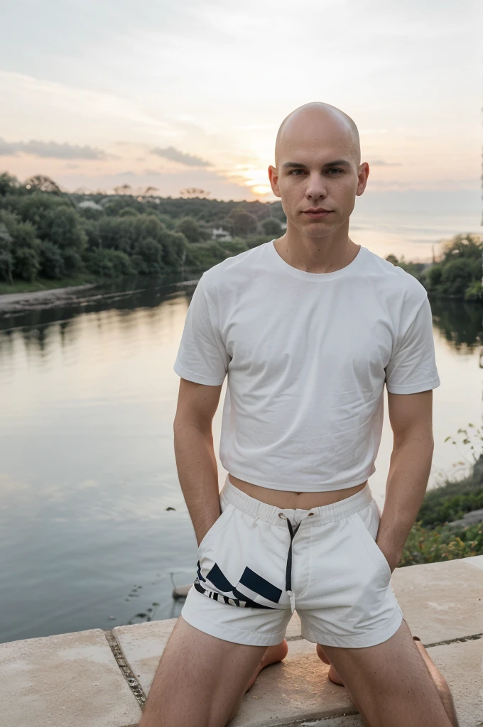 naughty man, offwhite, 30years, Scrawny, baldie, without hair, going no tue, sunset, against light, barefoot, in white shorts, shirt blue 
