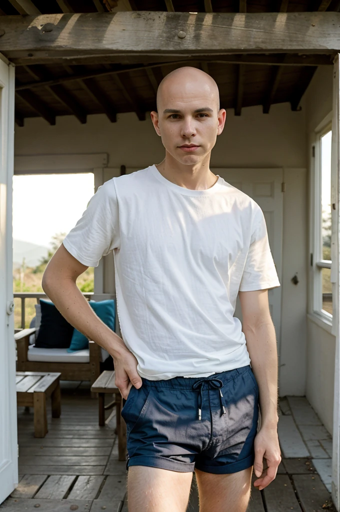 naughty man, offwhite, 30years, Scrawny, baldie, without hair, going no tue, sunset, against light, barefoot, in white shorts, shirt blue