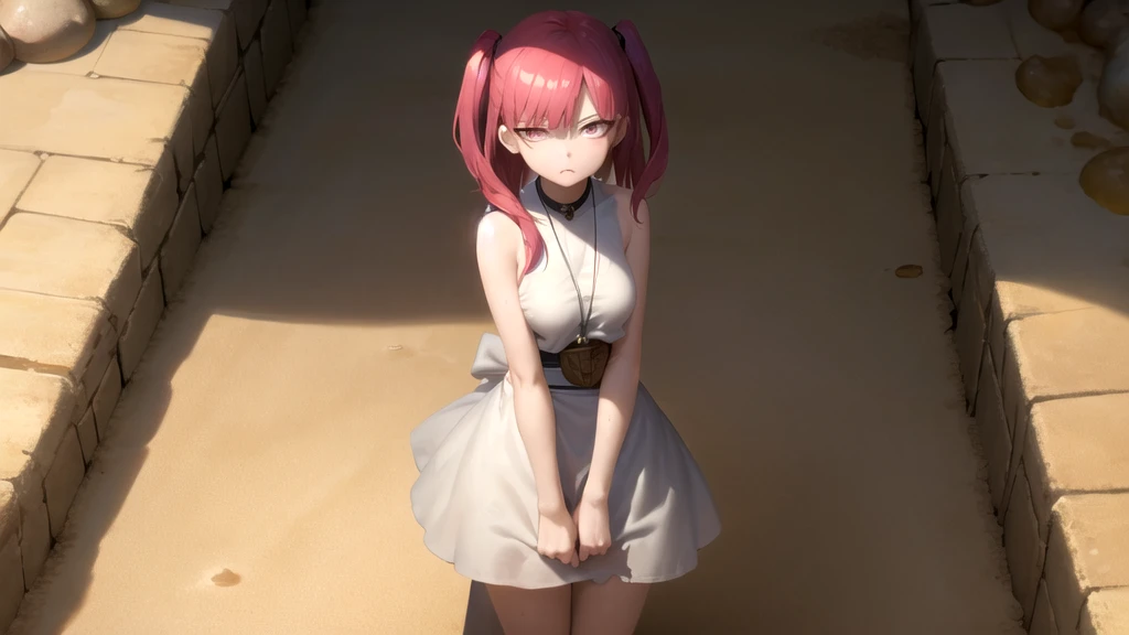 masterpiece, Highest quality, One girl, Morgiana Slave, Cowboy Shot, Torn Dress, dirty, Red eyes, One side up, Redhead, chain, sand漠の遺跡, sand漠の背景, sand, Disgust, View your viewers, View from below