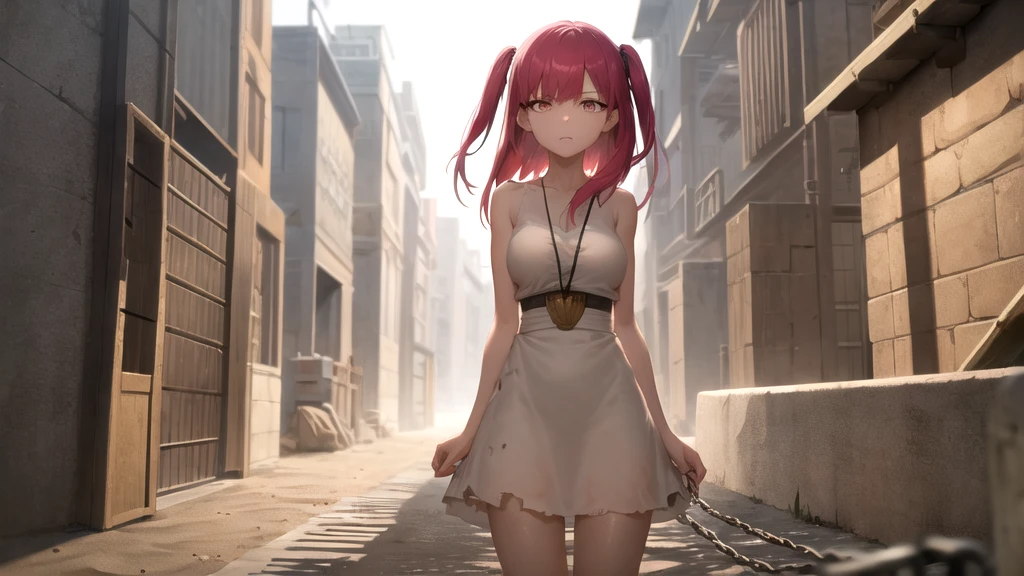 masterpiece, Highest quality, One girl, Morgiana Slave, Cowboy Shot, Torn Dress, dirty, Red eyes, One side up, Redhead, chain, sand漠の遺跡, sand漠の背景, sand, Disgust, View your viewers, View from below