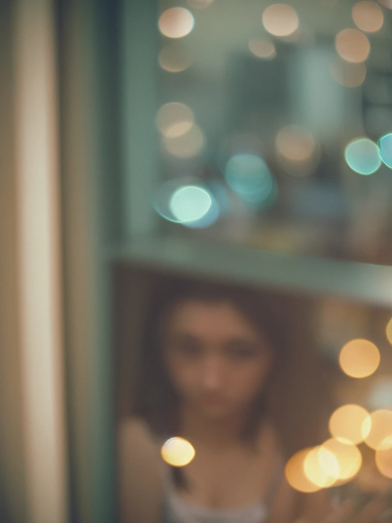 Voyeur , (old color negative film) , (soft focus:1.2) , (Bokeh:1.5) , woman , woman's messy room , (Activities of daily living) , underwear , looking away