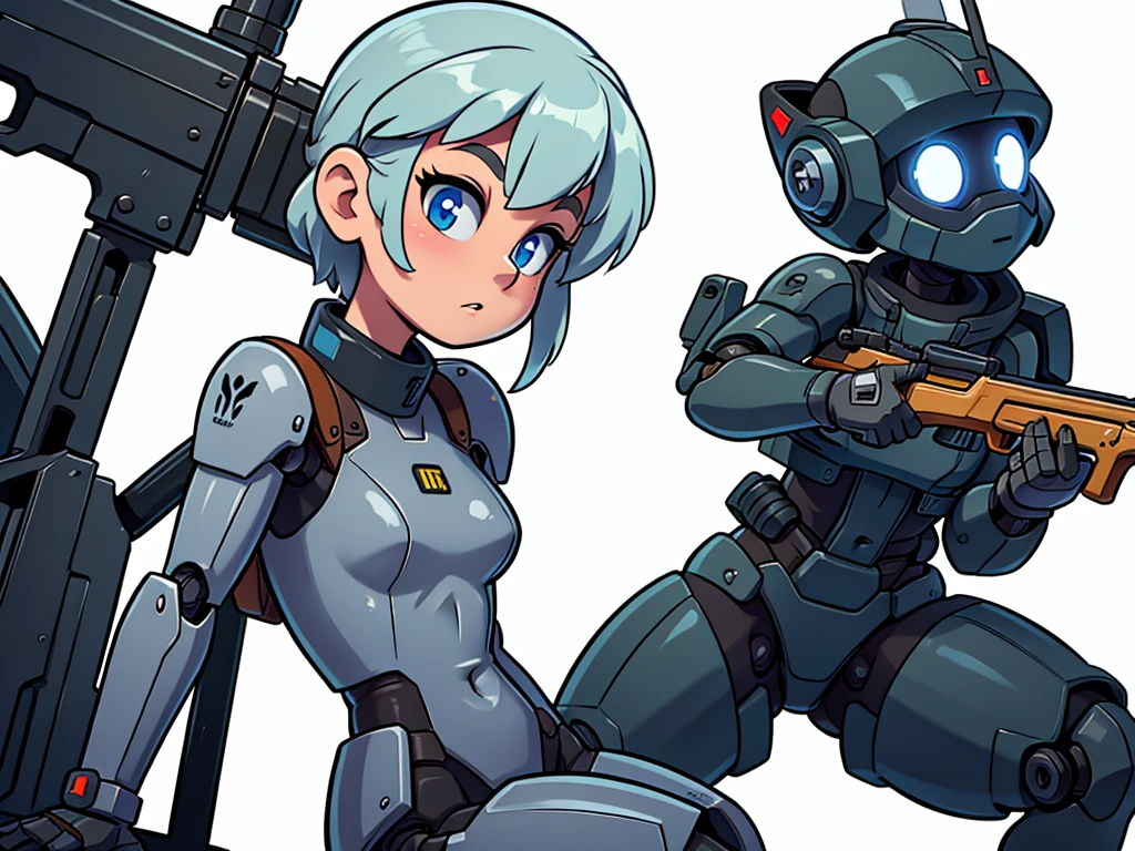 Image of a military-style robot holding a shotgun against a white background