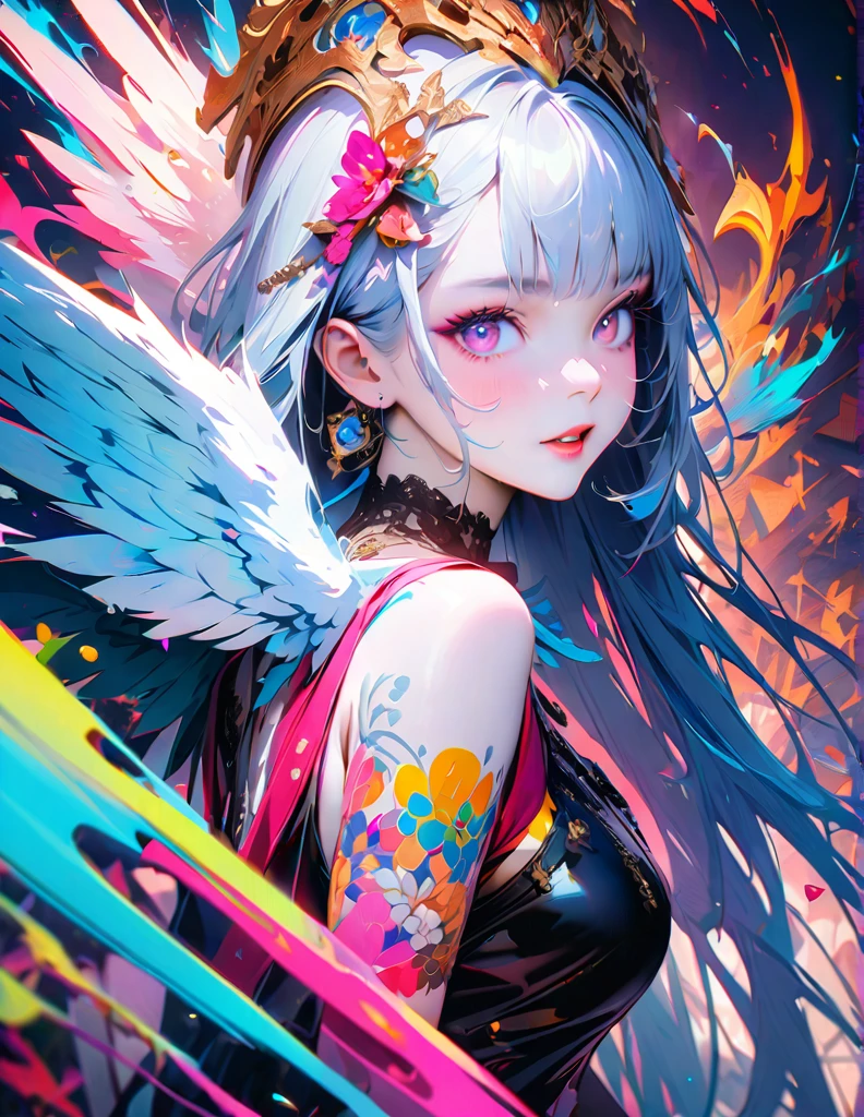 quality(8k wallpaper of extremely detailed CG unit, ​masterpiece, hight resolution, top-quality, top-quality ,hyper realisitic, digitial painting,increase the resolution,RAW photos，best qualtiy,highly detailed,the wallpaper),BREAK,8K, angel girl, full face, mixed color eyes, colorful makeup, white skin, white long  hair,  jewelry, tattoos, nimb 