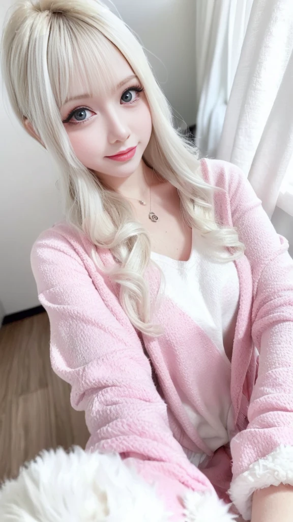 ((top-quality、masutepiece、8K、Top image quality))、(1 photo:1.5)、Highly saturated、Vivid、Very bright、1 、(cute fur loungewear:1.3)、(Upper body shot of a woman sitting on a bed:1.5)、(Upper body photo:1.5)、(The happiest smile:1.2)、View me、waved hair、(The background is a very large pink and white room.:1.3)、(A cute pink and white room recreated in detail:1.5)、(Rooms with a sense of openness:1.3)、clean and comfortable、lipsticks、Emphasize body lines、large full breasts、Perfect makeup、fancy colored contacts、long eyelashes、(accurate anatomy:1.3)、(Perfect blonde:1.2)、(de pele branca:1.3)、(huge pink bed:1.3)、(Cute curtains:1.2)、(pure white chest:1.1)、(The vase is decorated with roses:1.1)、(White fur carpet:1.2)、(Cute stuffed animal:1.2)