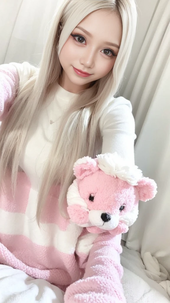 ((top-quality、masutepiece、8K、Top image quality))、(1 photo:1.5)、Highly saturated、Vivid、Very bright、1 、(cute fur loungewear:1.3)、(Upper body shot of a woman sitting on a bed:1.5)、(Upper body photo:1.5)、(The happiest smile:1.2)、View me、waved hair、(The background is a very large pink and white room.:1.3)、(A cute pink and white room recreated in detail:1.5)、(Rooms with a sense of openness:1.3)、clean and comfortable、lipsticks、Emphasize body lines、large full breasts、Perfect makeup、fancy colored contacts、long eyelashes、(accurate anatomy:1.3)、(Perfect blonde:1.2)、(de pele branca:1.3)、(huge pink bed:1.3)、(Cute curtains:1.2)、(pure white chest:1.1)、(The vase is decorated with roses:1.1)、(White fur carpet:1.2)、(Cute stuffed animal:1.2)