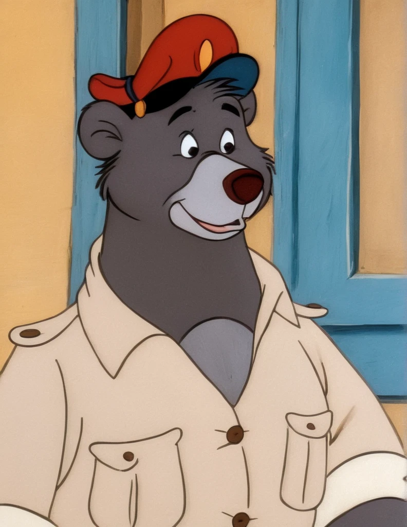 disney style cartoon,  1 boy, Baloo bear, cartoon, face, fluffy, It has, male focus, cap, red headdress, One,shirt,bow tie, (Disney:1.4),( in the artistic style of Picasso:1.2), walking down the street, (comedy photo of the year), screenshot from the 1983 film,